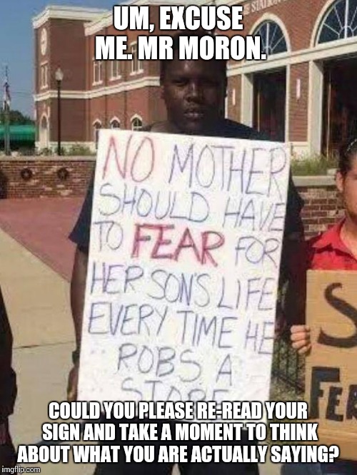 It's a grammar mistake. It should read "No. Mother SHOULD HAVE to fear for her son's life everytime he robs a store." | UM, EXCUSE ME. MR MORON. COULD YOU PLEASE RE-READ YOUR SIGN AND TAKE A MOMENT TO THINK ABOUT WHAT YOU ARE ACTUALLY SAYING? | image tagged in ferguson protester,moron,protest,confused criminal,memes,grammar | made w/ Imgflip meme maker