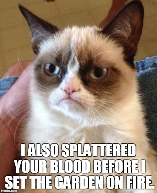 Grumpy Cat Meme | I ALSO SPLATTERED YOUR BLOOD BEFORE I SET THE GARDEN ON FIRE. | image tagged in memes,grumpy cat | made w/ Imgflip meme maker