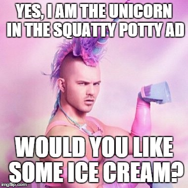 Unicorn MAN Meme | YES, I AM THE UNICORN IN THE SQUATTY POTTY AD; WOULD YOU LIKE SOME ICE CREAM? | image tagged in memes,unicorn man | made w/ Imgflip meme maker