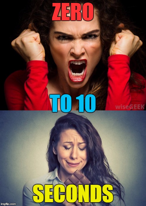 That time of the month at my house. . . | ZERO; TO 10; SECONDS | image tagged in angry woman,crying woman,chocolate,period,month | made w/ Imgflip meme maker