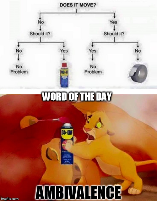 n. simultaneous and contradictory attitudes or feelings (as attraction and repulsion) toward an object, person, or action | WORD OF THE DAY; AMBIVALENCE | image tagged in memes,lion king,words,wrong,dark humor,duct tape | made w/ Imgflip meme maker