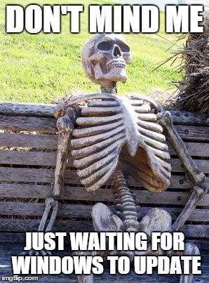 Waiting Skeleton Meme | DON'T MIND ME; JUST WAITING FOR WINDOWS TO UPDATE | image tagged in memes,waiting skeleton | made w/ Imgflip meme maker