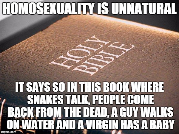 bible sucks | HOMOSEXUALITY IS UNNATURAL; IT SAYS SO IN THIS BOOK WHERE SNAKES TALK, PEOPLE COME BACK FROM THE DEAD, A GUY WALKS ON WATER AND A VIRGIN HAS A BABY | image tagged in bible sucks | made w/ Imgflip meme maker