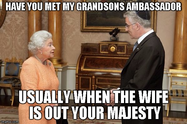 HAVE YOU MET MY GRANDSONS AMBASSADOR; USUALLY WHEN THE WIFE IS OUT YOUR MAJESTY | image tagged in daniel taub | made w/ Imgflip meme maker