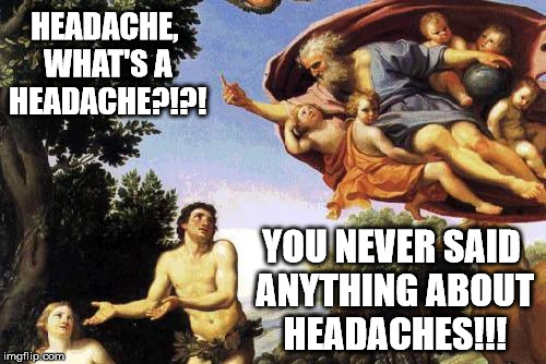 adam and eve. | HEADACHE, WHAT'S A HEADACHE?!?! YOU NEVER SAID ANYTHING ABOUT HEADACHES!!! | image tagged in god,adam,eve | made w/ Imgflip meme maker