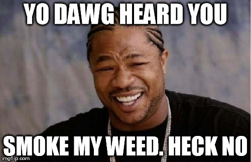 Yo Dawg Heard You | YO DAWG HEARD YOU; SMOKE MY WEED. HECK NO | image tagged in memes,yo dawg heard you | made w/ Imgflip meme maker