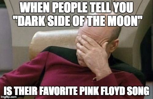 Captain Picard Facepalm | WHEN PEOPLE TELL YOU "DARK SIDE OF THE MOON"; IS THEIR FAVORITE PINK FLOYD SONG | image tagged in memes,captain picard facepalm | made w/ Imgflip meme maker