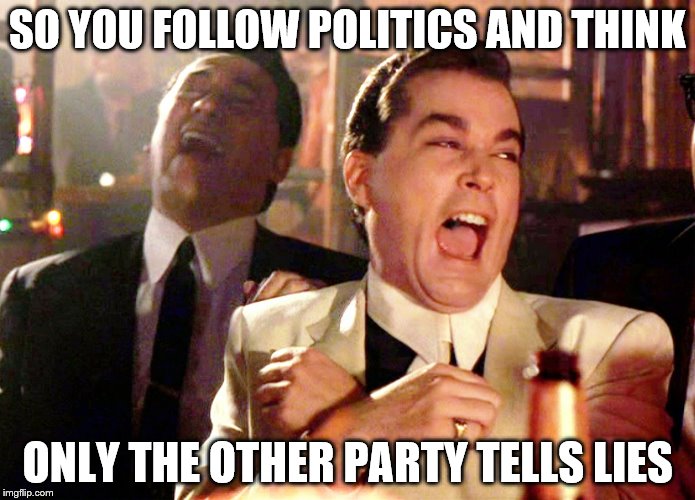 Good Fellas Hilarious | SO YOU FOLLOW POLITICS AND THINK; ONLY THE OTHER PARTY TELLS LIES | image tagged in memes,good fellas hilarious | made w/ Imgflip meme maker