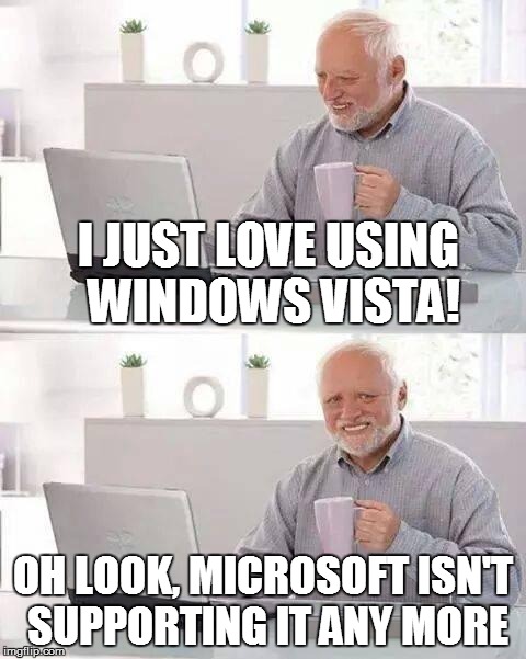 Isn't it this way with all software? | I JUST LOVE USING WINDOWS VISTA! OH LOOK, MICROSOFT ISN'T SUPPORTING IT ANY MORE | image tagged in memes,hide the pain harold | made w/ Imgflip meme maker