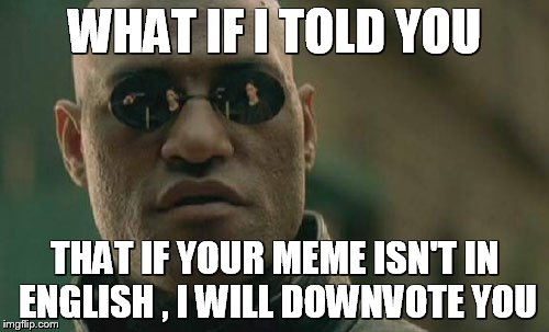 Matrix Morpheus Meme | WHAT IF I TOLD YOU; THAT IF YOUR MEME ISN'T IN ENGLISH , I WILL DOWNVOTE YOU | image tagged in memes,matrix morpheus | made w/ Imgflip meme maker