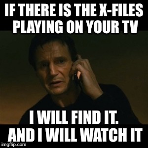 I just thought of a random tv show | IF THERE IS THE X-FILES PLAYING ON YOUR TV; I WILL FIND IT. AND I WILL WATCH IT | image tagged in memes,liam neeson taken,x-files | made w/ Imgflip meme maker