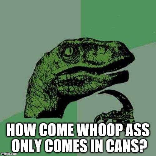 It's never a tin or a carton. It's always a can. | HOW COME WHOOP ASS ONLY COMES IN CANS? | image tagged in memes,philosoraptor,whoop ass | made w/ Imgflip meme maker