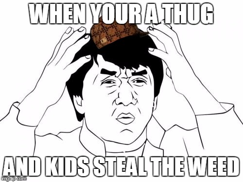 Jackie Chan WTF | WHEN YOUR A THUG; AND KIDS STEAL THE WEED | image tagged in memes,jackie chan wtf,scumbag | made w/ Imgflip meme maker