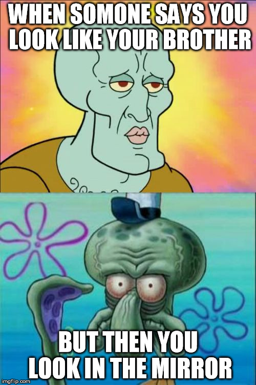 Squidward Meme | WHEN SOMONE SAYS YOU LOOK LIKE YOUR BROTHER; BUT THEN YOU LOOK IN THE MIRROR | image tagged in memes,squidward | made w/ Imgflip meme maker