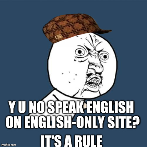 Y U No | Y U NO SPEAK ENGLISH ON ENGLISH-ONLY SITE? IT'S A RULE | image tagged in memes,y u no,scumbag | made w/ Imgflip meme maker