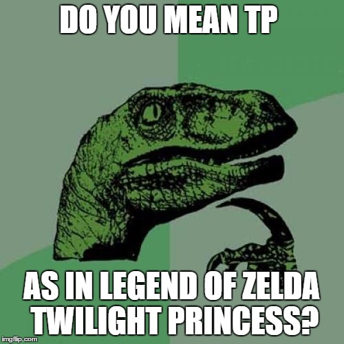 Philosoraptor Meme | DO YOU MEAN TP AS IN LEGEND OF ZELDA TWILIGHT PRINCESS? | image tagged in memes,philosoraptor | made w/ Imgflip meme maker
