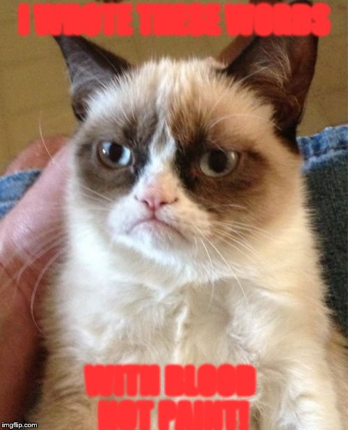 Grumpy Cat Meme | I WROTE THESE WORDS; WITH BLOOD NOT PAINT! | image tagged in memes,grumpy cat | made w/ Imgflip meme maker