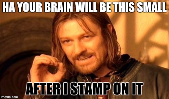 One Does Not Simply | HA YOUR BRAIN WILL BE THIS SMALL; AFTER I STAMP ON IT | image tagged in memes,one does not simply | made w/ Imgflip meme maker