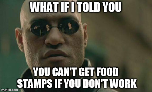 WHAT IF I TOLD YOU YOU CAN'T GET FOOD STAMPS IF YOU DON'T WORK | image tagged in memes,matrix morpheus | made w/ Imgflip meme maker
