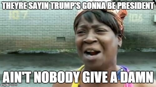 Ain't Nobody Got Time For That | THEYRE SAYIN TRUMP'S GONNA BE PRESIDENT; AIN'T NOBODY GIVE A DAMN | image tagged in memes,aint nobody got time for that | made w/ Imgflip meme maker