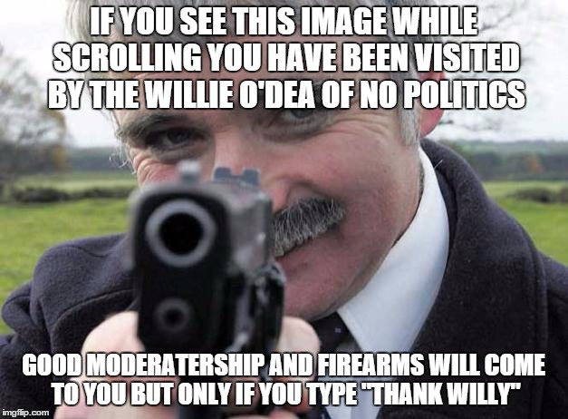 IF YOU SEE THIS IMAGE WHILE SCROLLING YOU HAVE BEEN VISITED BY THE WILLIE O'DEA OF NO POLITICS; GOOD MODERATERSHIP AND FIREARMS WILL COME TO YOU BUT ONLY IF YOU TYPE "THANK WILLY" | image tagged in ireland | made w/ Imgflip meme maker