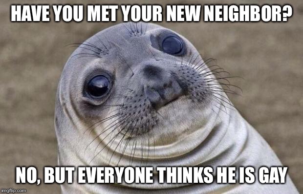 Awkward Moment Sealion Meme | HAVE YOU MET YOUR NEW NEIGHBOR? NO, BUT EVERYONE THINKS HE IS GAY | image tagged in memes,awkward moment sealion,AdviceAnimals | made w/ Imgflip meme maker