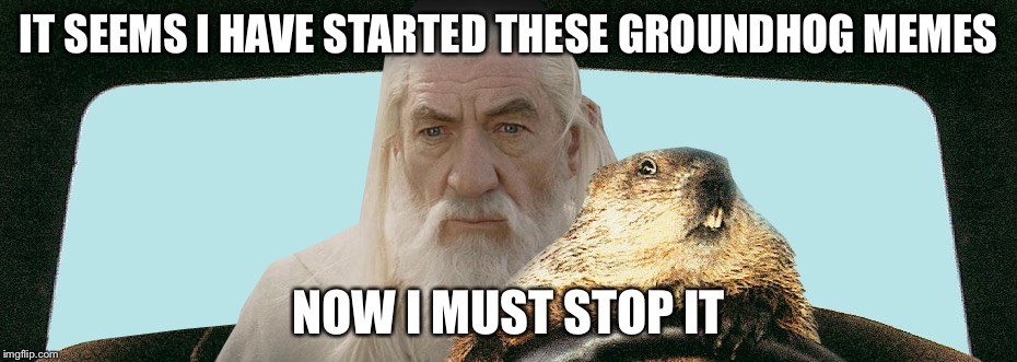 Groundhog, take me to the nearest meme! | IT SEEMS I HAVE STARTED THESE GROUNDHOG MEMES; NOW I MUST STOP IT | image tagged in gandalf groundhog | made w/ Imgflip meme maker
