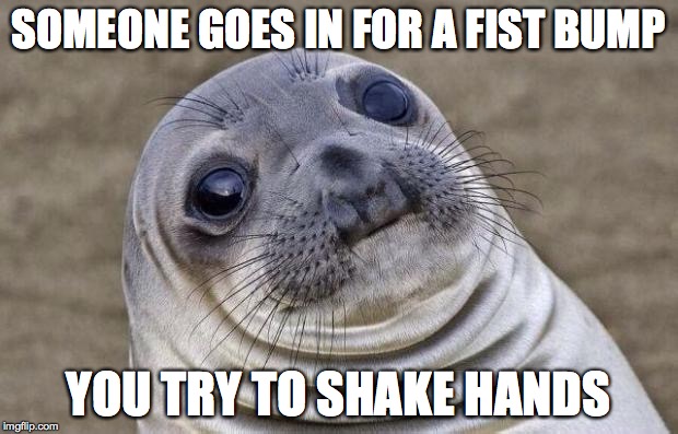 The Fist Bump  | SOMEONE GOES IN FOR A FIST BUMP; YOU TRY TO SHAKE HANDS | image tagged in memes,awkward moment sealion,fist bump,hand shake | made w/ Imgflip meme maker