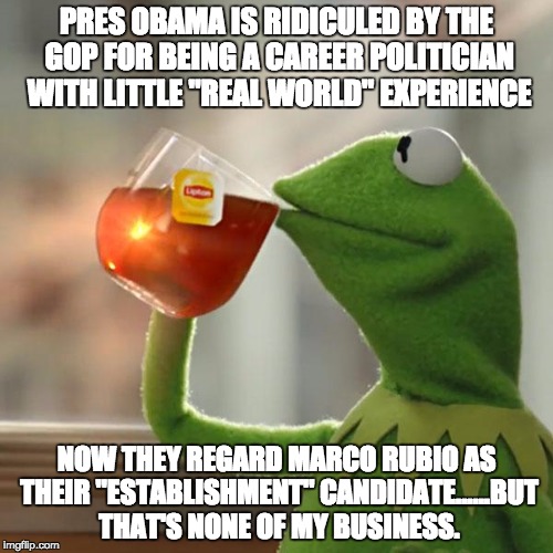 But That's None Of My Business | PRES OBAMA IS RIDICULED BY THE GOP FOR BEING A CAREER POLITICIAN WITH LITTLE "REAL WORLD" EXPERIENCE; NOW THEY REGARD MARCO RUBIO AS THEIR "ESTABLISHMENT" CANDIDATE......BUT THAT'S NONE OF MY BUSINESS. | image tagged in memes,but thats none of my business,kermit the frog | made w/ Imgflip meme maker