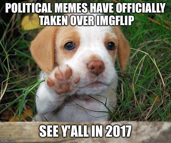 dog puppy bye | POLITICAL MEMES HAVE OFFICIALLY TAKEN OVER IMGFLIP; SEE Y'ALL IN 2017 | image tagged in dog puppy bye | made w/ Imgflip meme maker