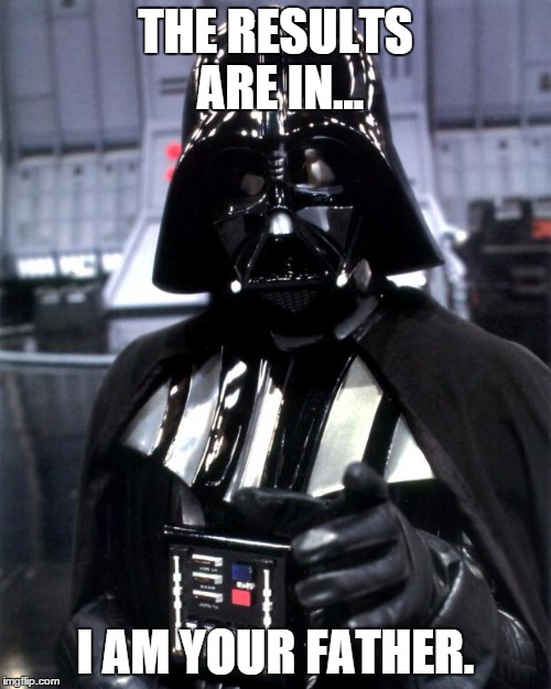 Darth Vader | THE RESULTS ARE IN... I AM YOUR FATHER. | image tagged in darth vader | made w/ Imgflip meme maker