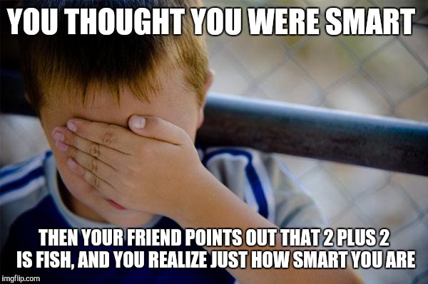 Confession Kid | YOU THOUGHT YOU WERE SMART; THEN YOUR FRIEND POINTS OUT THAT 2 PLUS 2 IS FISH, AND YOU REALIZE JUST HOW SMART YOU ARE | image tagged in memes,confession kid | made w/ Imgflip meme maker