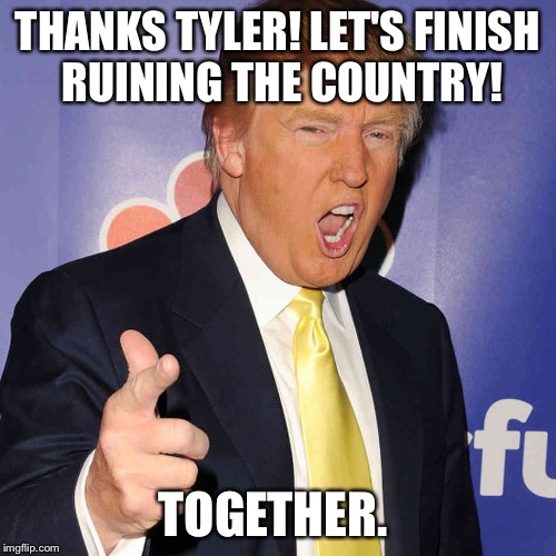 donald trump | THANKS TYLER! LET'S FINISH RUINING THE COUNTRY! TOGETHER. | image tagged in donald trump | made w/ Imgflip meme maker