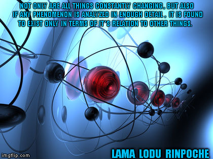 Buddhist philosophy | NOT  ONLY  ARE  ALL  THINGS  CONSTANTLY  CHANGING ,  BUT  ALSO  IF  ANY  PHENOMENON 
IS  ANALYZED  IN  ENOUGH  DETAIL  ,   IT  IS  FOUND  TO  EXIST  ONLY  IN  TERMS  OF  IT 'S
 RELATION  TO  OTHER  THINGS. LAMA  LODU  RINPOCHE | image tagged in philosophy,buddha,buddhism,change,existence | made w/ Imgflip meme maker