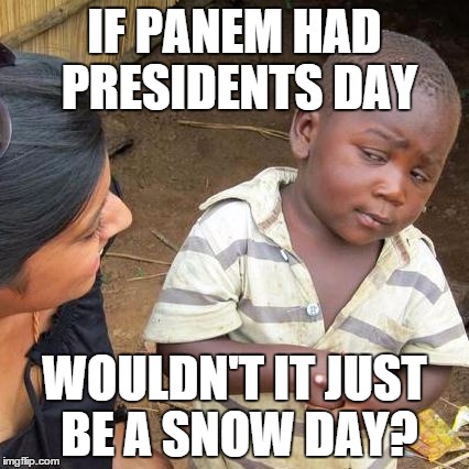 Third World Skeptical Kid | IF PANEM HAD PRESIDENTS DAY; WOULDN'T IT JUST BE A SNOW DAY? | image tagged in memes,third world skeptical kid | made w/ Imgflip meme maker