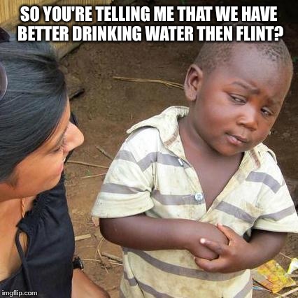 Third World Skeptical Kid | SO YOU'RE TELLING ME THAT WE HAVE BETTER DRINKING WATER THEN FLINT? | image tagged in memes,third world skeptical kid | made w/ Imgflip meme maker