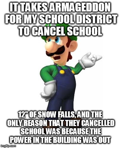 Logic Luigi |  IT TAKES ARMAGEDDON FOR MY SCHOOL DISTRICT TO CANCEL SCHOOL; 12" OF SNOW FALLS, AND THE ONLY REASON THAT THEY CANCELLED SCHOOL WAS BECAUSE THE POWER IN THE BUILDING WAS OUT | image tagged in logic luigi | made w/ Imgflip meme maker
