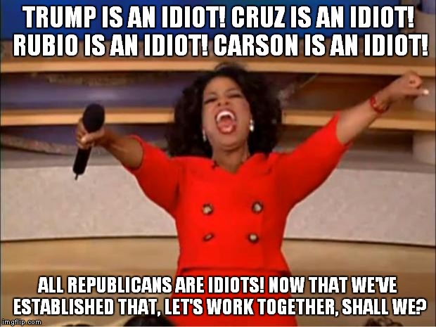 Oprah You Get A Meme | TRUMP IS AN IDIOT! CRUZ IS AN IDIOT! RUBIO IS AN IDIOT! CARSON IS AN IDIOT! ALL REPUBLICANS ARE IDIOTS! NOW THAT WE'VE ESTABLISHED THAT, LET | image tagged in memes,oprah you get a | made w/ Imgflip meme maker