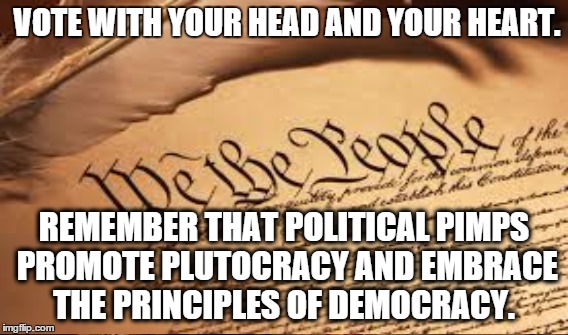 Vote Smart | VOTE WITH YOUR HEAD AND YOUR HEART. REMEMBER THAT POLITICAL PIMPS PROMOTE PLUTOCRACY AND EMBRACE THE PRINCIPLES OF DEMOCRACY. | image tagged in plutocracy,democracy,feel the bern | made w/ Imgflip meme maker