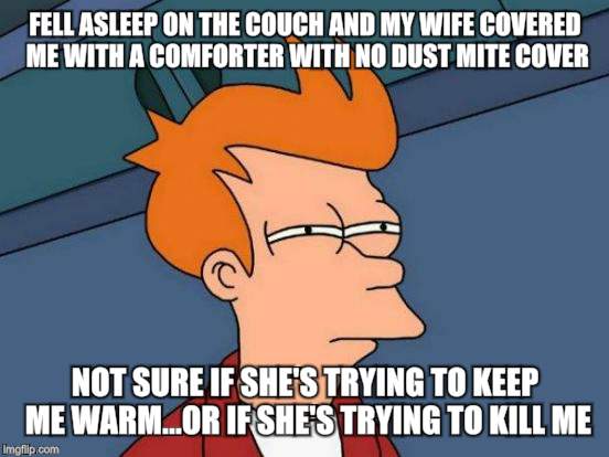 Anyone with dust allergies will understand this. Everyone else, not so sure.  | FELL ASLEEP ON THE COUCH AND MY WIFE COVERED ME WITH A COMFORTER WITH NO DUST MITE COVER; NOT SURE IF SHE'S TRYING TO KEEP ME WARM...OR IF SHE'S TRYING TO KILL ME | image tagged in memes,futurama fry | made w/ Imgflip meme maker