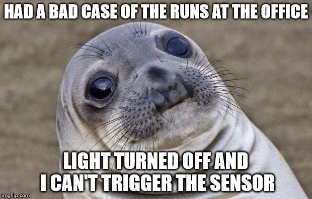 Awkward Moment Sealion | HAD A BAD CASE OF THE RUNS AT THE OFFICE; LIGHT TURNED OFF AND I CAN'T TRIGGER THE SENSOR | image tagged in memes,awkward moment sealion | made w/ Imgflip meme maker