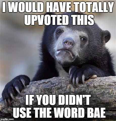 Confession Bear Meme | I WOULD HAVE TOTALLY UPVOTED THIS IF YOU DIDN'T USE THE WORD BAE | image tagged in memes,confession bear | made w/ Imgflip meme maker