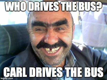 WHO DRIVES THE BUS? CARL DRIVES THE BUS | image tagged in bus drivers | made w/ Imgflip meme maker