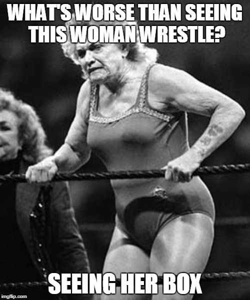 Lady Wrestler | WHAT'S WORSE THAN SEEING THIS WOMAN WRESTLE? SEEING HER BOX | image tagged in lady wrestler | made w/ Imgflip meme maker