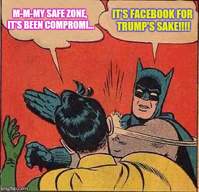 Batman Slapping Robin | M-M-MY SAFE ZONE, IT'S BEEN COMPROMI... IT'S FACEBOOK FOR TRUMP'S SAKE!!!! | image tagged in memes,batman slapping robin | made w/ Imgflip meme maker