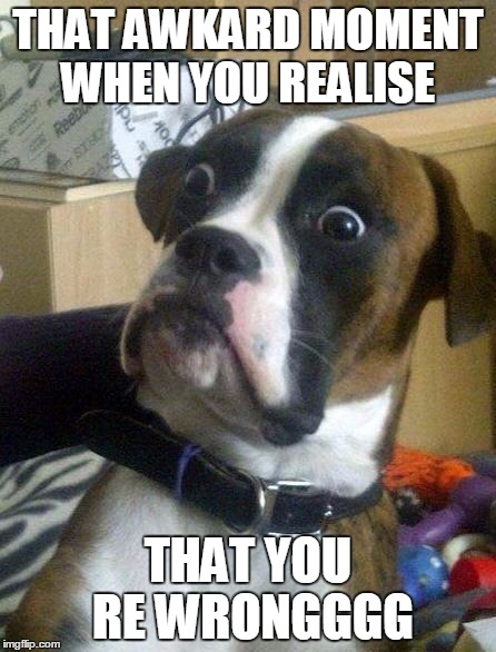jealous dog | THAT AWKARD MOMENT WHEN YOU REALISE; THAT YOU RE WRONGGGG | image tagged in jealous dog | made w/ Imgflip meme maker
