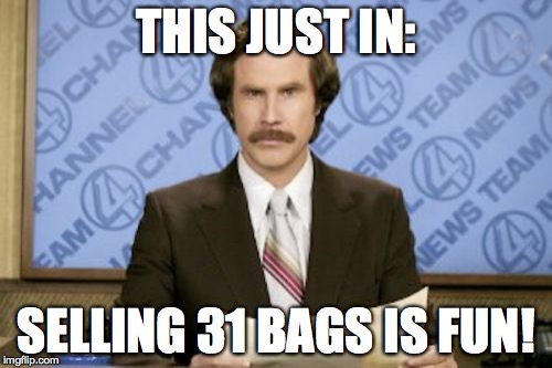Ron Burgundy Meme | THIS JUST IN:; SELLING 31 BAGS IS FUN! | image tagged in memes,ron burgundy | made w/ Imgflip meme maker