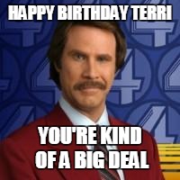 Ron Burgandy | HAPPY BIRTHDAY TERRI; YOU'RE KIND OF A BIG DEAL | image tagged in ron burgandy | made w/ Imgflip meme maker