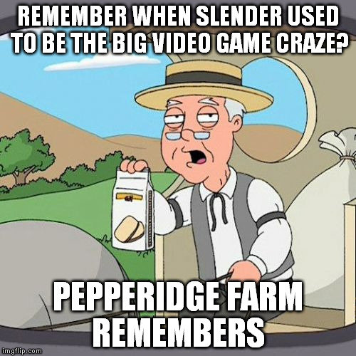 Pepperidge Farm Remembers | REMEMBER WHEN SLENDER USED TO BE THE BIG VIDEO GAME CRAZE? PEPPERIDGE FARM REMEMBERS | image tagged in memes,pepperidge farm remembers | made w/ Imgflip meme maker