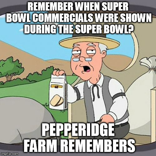 Pepperidge Farm Remembers | REMEMBER WHEN SUPER BOWL COMMERCIALS WERE SHOWN DURING THE SUPER BOWL? PEPPERIDGE FARM REMEMBERS | image tagged in memes,pepperidge farm remembers,AdviceAnimals | made w/ Imgflip meme maker